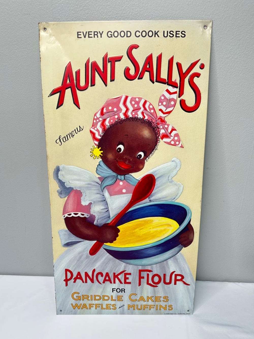 Vintage 1993 Aunt Sally’s Pancake Waffles Cakes Muffins Flour Tin Sign 19”x9.5”
